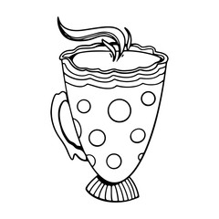 Cozy striped cups of tea. Kawaii cute outline doodle digital art. Print for stickers, cards, menus, posters, restaurants, cuisine, web design, party, textiles, washing tape, coloring books