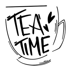 Cozy lettering tea time. Kawaii cute outline doodle digital art. Print for stickers, cards, menus, posters, restaurants, cuisine, web design, party, textiles, washing tape, coloring books