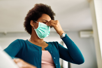 Below view of black woman with face mask having a headache at home.
