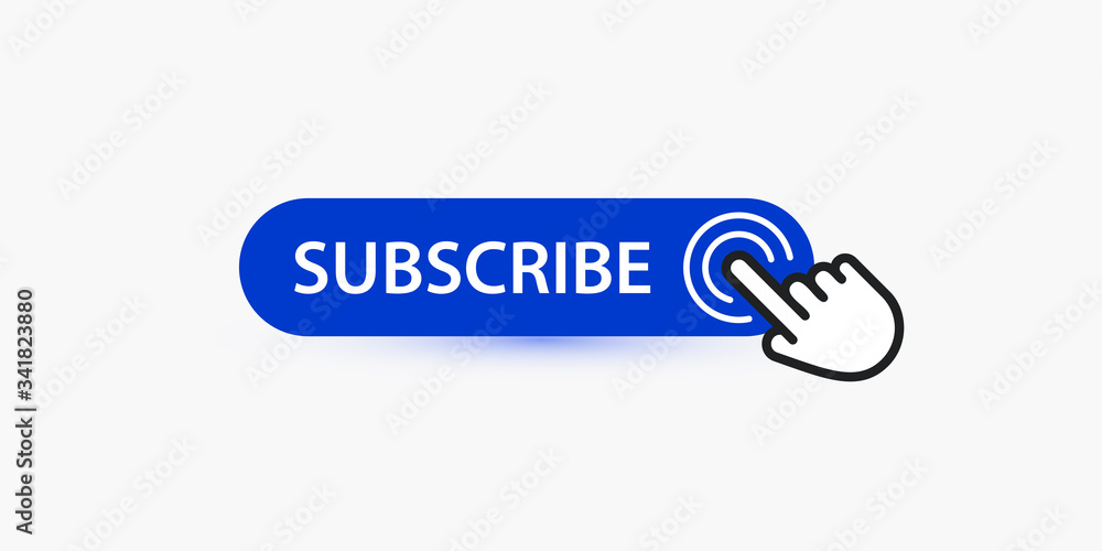 Poster Subscribe, blue button template for potential subscribers, blue pointer and reminder for web resource, subscription vector icon