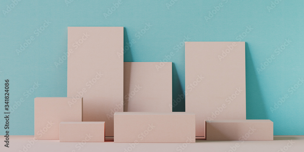 Poster minimal background for branding and product presentation. beige podium and blue paper texture backgr