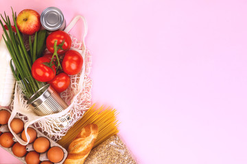Food packaging. Quarantine food delivery home. Flatlay with copyspace.