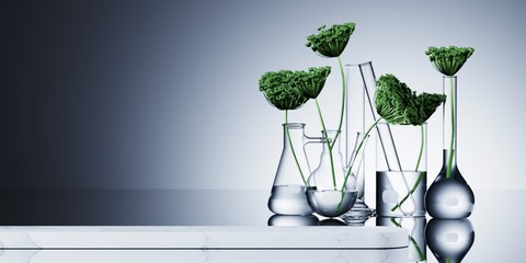Minimal background for branding and product presentation. White marble podium. Green plant in set of laboratory glassware on white background. 3d rendering illustration.