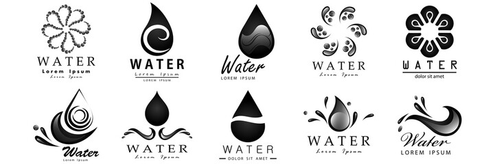 Water Splash Vector And Drop Set - Isolated On White Background. Vector Collection Of Flat Water Splash and Oil Drop Logo. Icons For Droplet, Water Wave, Rain, Raindrop, Company Logo And Bubble Design