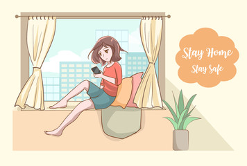 self quarantine at home during pandemic coronavirus (Covid-19 or 2019-ncov) Infographic concept stay home stay safe