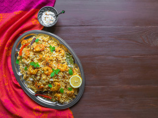 Pilaf with shrimp. Tasty and delicious prawns biryani. 