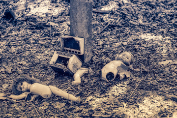 hand drawn vector illustration of a wooden toy chernobyl abanond