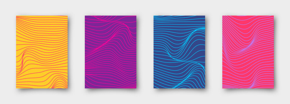 Set of 4 abstract vector wavy backgrounds. Striped simple minimalistic linear neon coloring posters for your business.