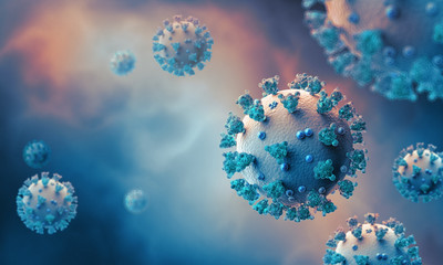 Stylized medical illustration of coronavirus infection COVID-19. Render of 3D model on a smoky blue background. Layout with copy space.