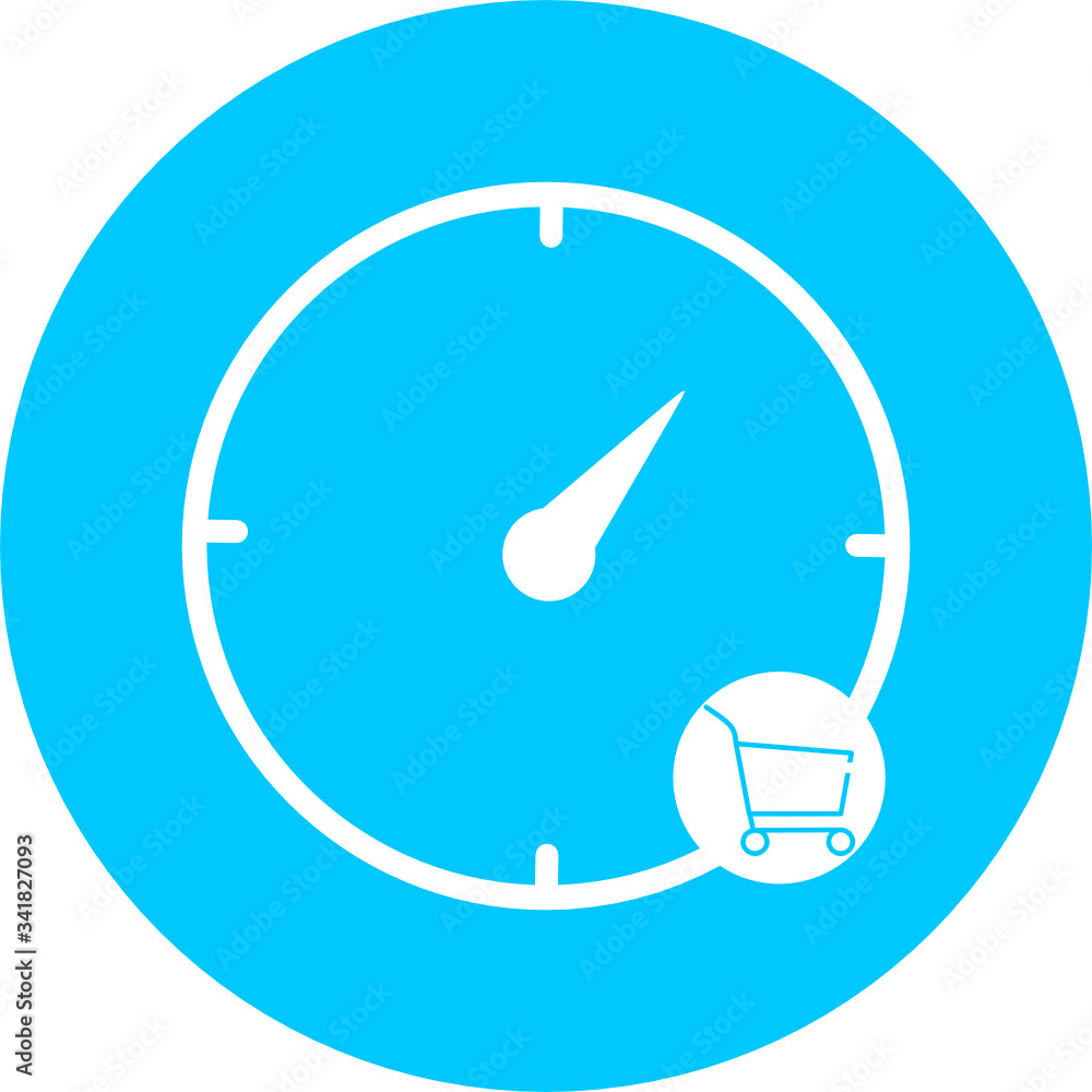 Poster shopping time, clock, watch in blue circle icon. concept of ui design elements. digital countdown ap