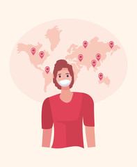 Man with mask and covid 19 virus over map vector design