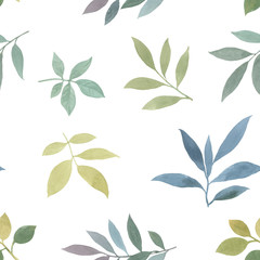 Retro hand drawn spring elements of green leaves seamless white background.