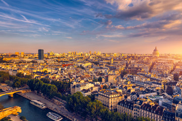 High resolution aerial panorama of Paris, France taken from the Notre Dame Cathedral before the...