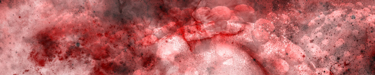 Fototapeta premium Coronavirus on abstract blood background. Horizontal banner. Video title screen, podcast or web background, information poster or infographic.