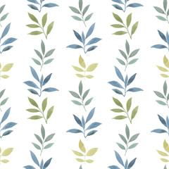 Retro hand drawn spring elements of green leaves seamless white background.