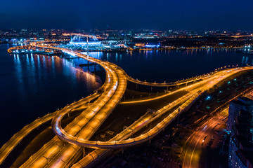 Night view of the cable-stayed bridge in Saint Petersburg