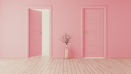 Pink wall with pink opened door and closed door realistic 3D rendering