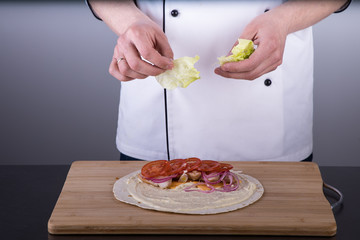 Chef cooking shawarma in restaurant kitchen8