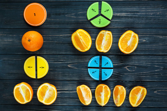 Сolorful math fractions and oranges as a sample on dark wooden background or table. Interesting creative funny math for kids. Education, back to school concept. Geometry and mathematics materials.