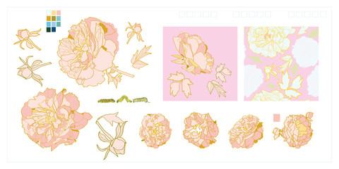 Vector luxury pink peony blossom icon set. Realistic peony flower illustration set in dusty pink. Elegant background. Botany set. Seamless pattern bonus.