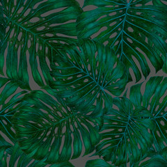Fototapeta na wymiar Beautiful seamless pattern with tropical leaves and flowers drawn with colored pencils. Retro bright summer background. Jungle foliage illustration. Swimwear botanical design. Vintage exotic print.