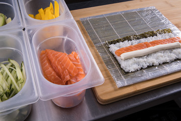 cucumber mango avocado salmon sliced ​​ingredients for sushi9