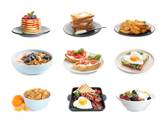 Set of different delicious dishes for breakfast on white background