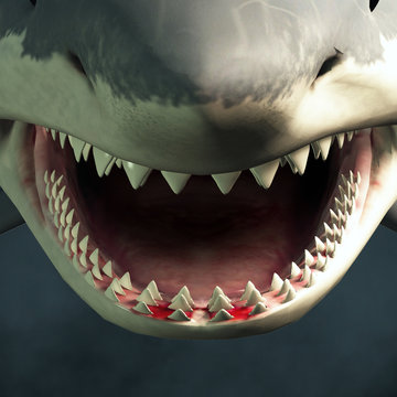 A close up of a great white shark's open mouth showing rows of sharp teeth ready to take a bite out of an unfortunate beach goer. 3D Rendering