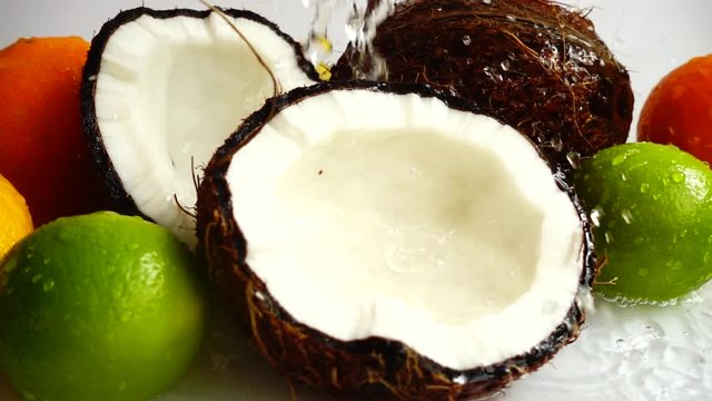 Juicy coconut flesh. Slow motion.
