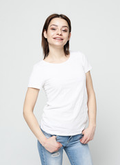 young woman wearing white t-shirt
