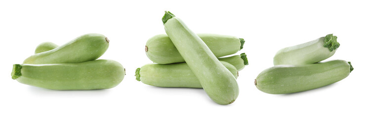 Set of fresh ripe zucchinis on white background. Banner design