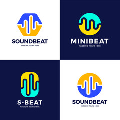 Set Audio Sound Wave logo template stock vector design. Line abstract music technology logotype. Digital element emblem, graphic signal waveform, curve, volume and equalizer. Vector illustration.