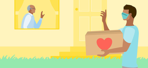 Young man helping an elderly man with home delivery while wearing a mask during COVID-19 coronavirus pandemic