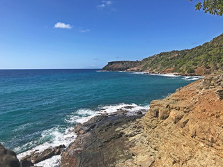 Fototapeta na wymiar Antigua coastline as seen from the Fort Berkeley Peninsula in Antigua and Barbuda, Caribbean, Lesser Antilles, West Indies.