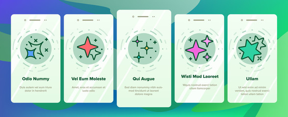 Glowing Shine Stars Onboarding Icons Set Vector. Glowing Sparkles, Christmas Fireworks Burst Explosion, Glitter Festive Fire Illustrations