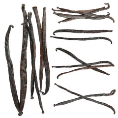 Set with vanilla pods on white background, top view