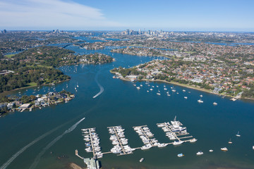 Fototapeta premium Aerial view of Cabarita Park marina on the banks of the Parramatta river, Sydney, Australia.