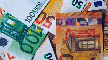 Euro money, Euro cash background. Banknotes of the european union. Euro cash. Many Euro banknotes of different values.