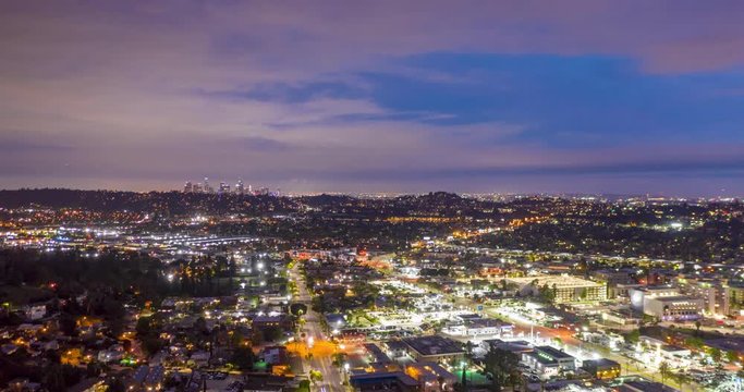 DUSK Los Angeles Skyline Aerial Motion Timelapse Slow Move Towards City (Hyperlapse)
