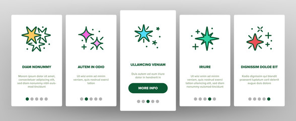 Glowing Shine Stars Onboarding Icons Set Vector. Glowing Sparkles, Christmas Fireworks Burst Explosion, Glitter Festive Fire Illustrations