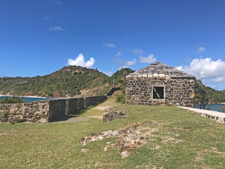 Antigua coastline, Guard House and outer fort wall with cannon ports as seen from the Fort Berkeley...