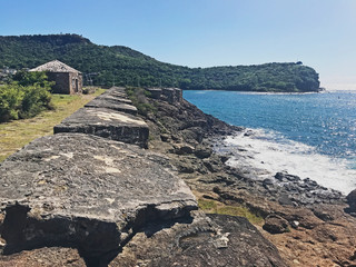 Antigua coastline, Guard House and outer fort wall with cannon ports as seen from the Fort Berkeley...