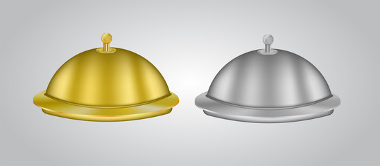 Restaurant metallic plate with a dome cover isolated on white background. Silver and golden serving dish, hotel kitchen icon, luxurious menu symbol. Surprise or high class dining services concept.
