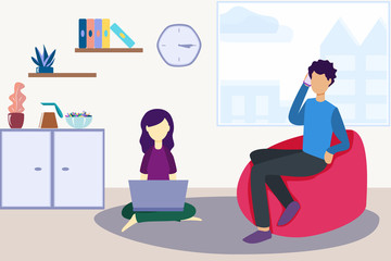 Stay home vector illustration. Symbolic man and woman at home do their own thing. Hygge lifestyle concept. Relax in home comfort. 