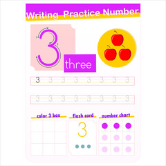 Number writing practice english - number 3