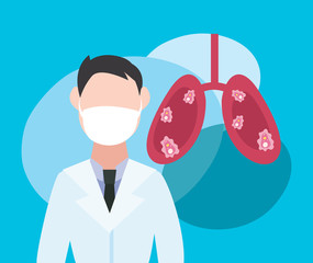 Man doctor with mask and Covid 19 virus inside lungs vector design