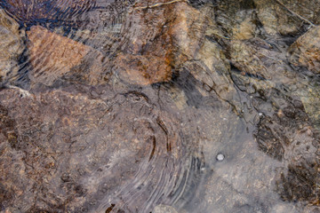 Stones at the bottom of a mountain river with clear water. Creative vintage background.