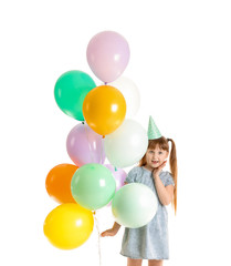 Fototapeta na wymiar Little girl celebrating Birthday on white background