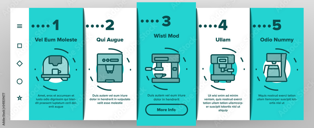 Poster coffee machine device onboarding icons set vector. professional and domestic make coffee latte or es