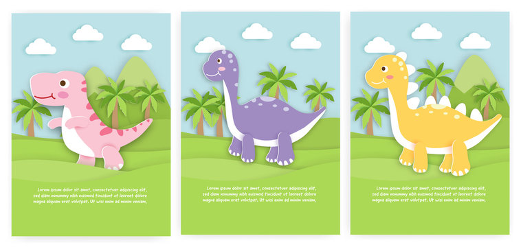 Set of baby shower cards and birthday cards with cute dinosaur in paper cut style.